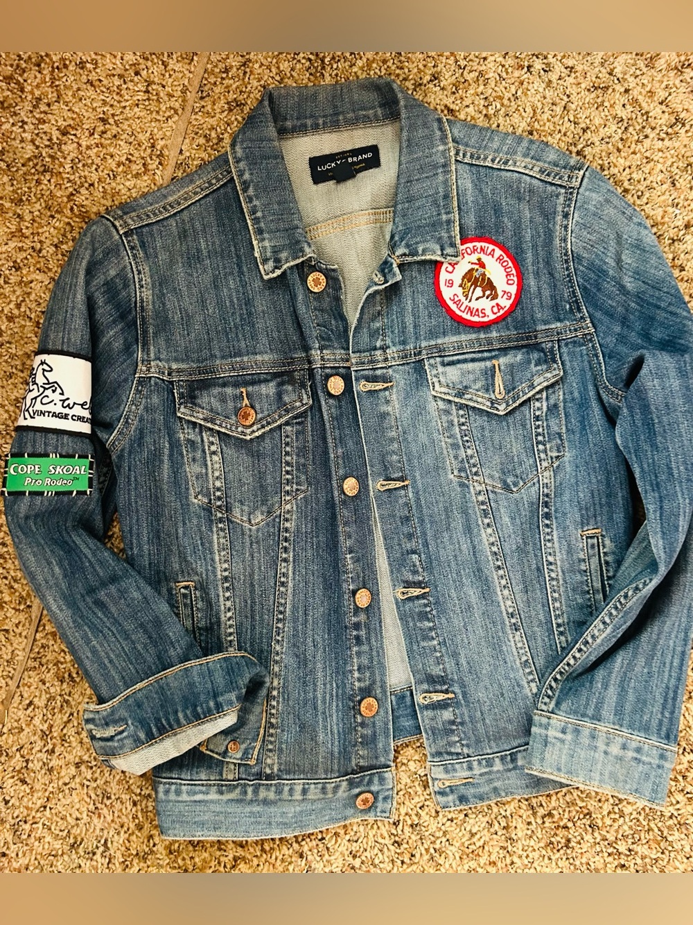 Lucky Brand Distressed Blue Denim Jacket with Embroidered Patches